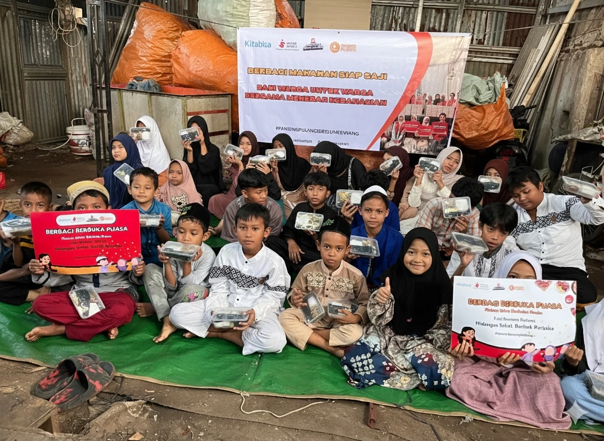 Penyaluran makanan sehat kepada anak-anak di Kp Pemulung Kober Bekasi