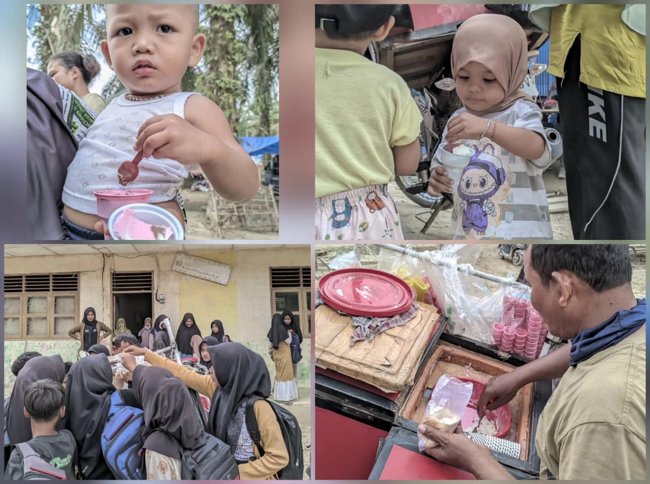 Anak Aceh Tamiang menikmati es krim dalam acara pembagian School Kit Sinergi Puspita.