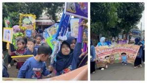 Anak-anak mengikuti Pawai Tarhib Ramadhan 1447 H bersama Sinergi Puspita di Lambangsari, Bekasi dengan penuh keceriaan